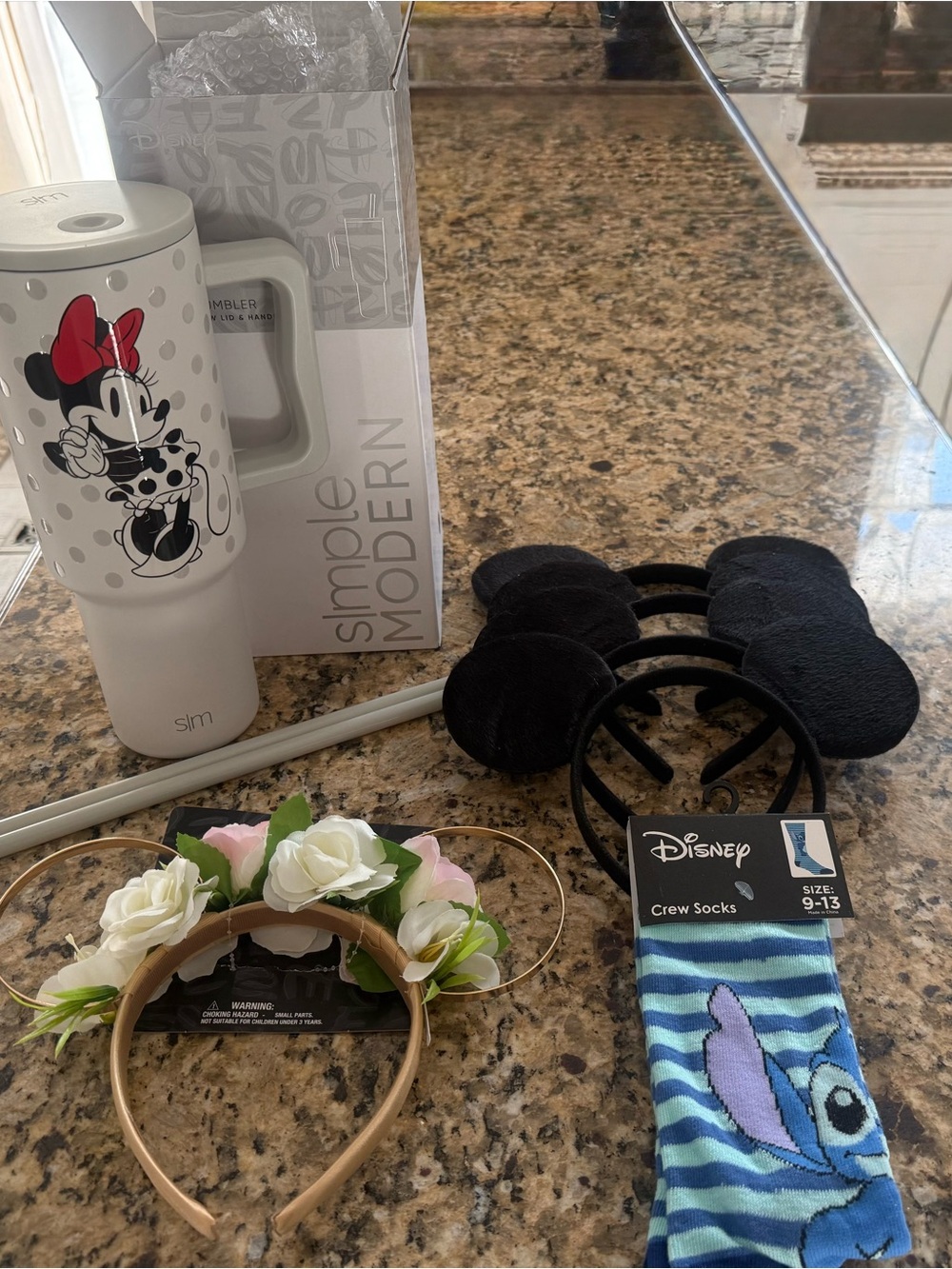 Disney water bottle, socks and headbands